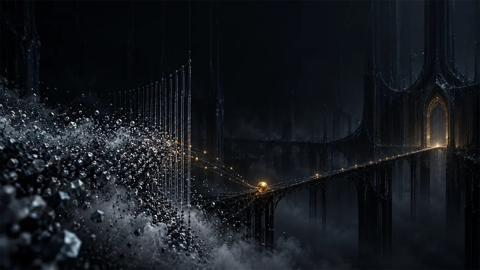 Partículas dispersas atravessam uma grade de filamentos e só as marcadas em dourado seguem por uma ponte estreita até um limiar iluminado.